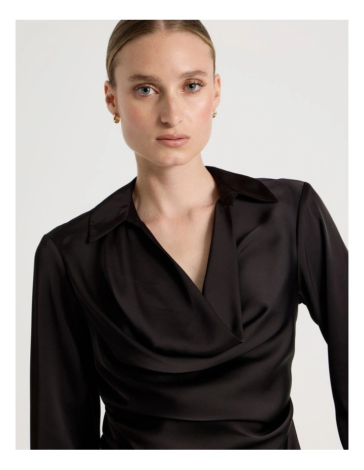 Satin Cowl Collar Blouse in Black image 4
