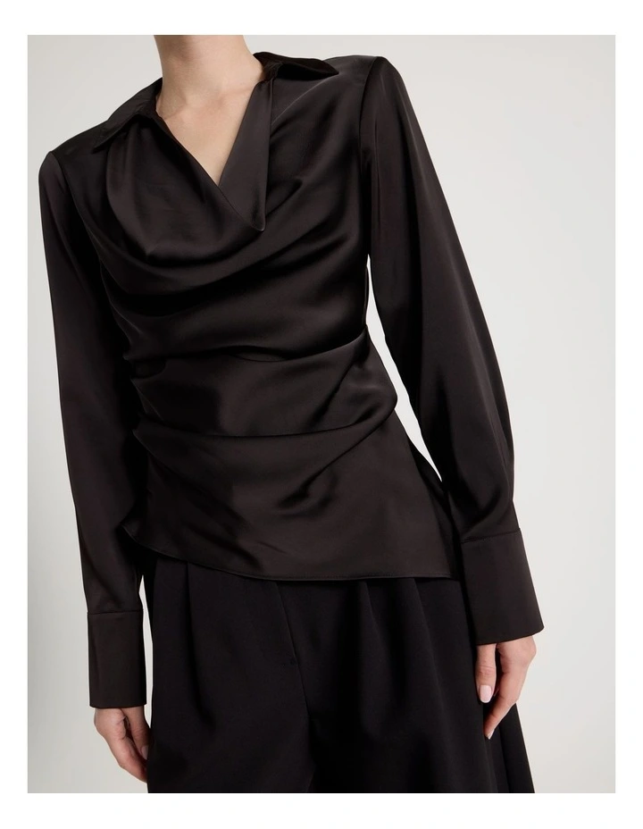 Satin Cowl Collar Blouse in Black image 5