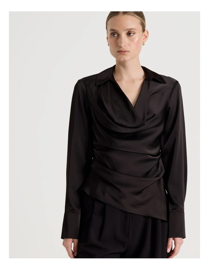Satin Cowl Collar Blouse in Black image 7