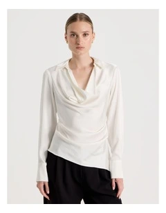 Satin Cowl Collar Blouse in Ivory