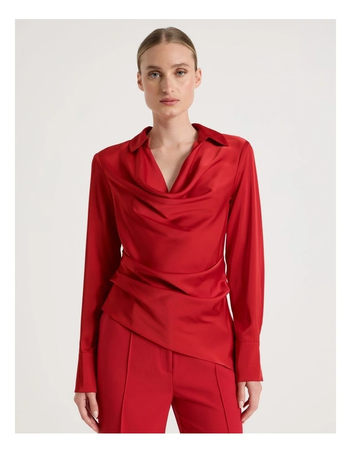 Satin Cowl Collar Blouse in Red image 1