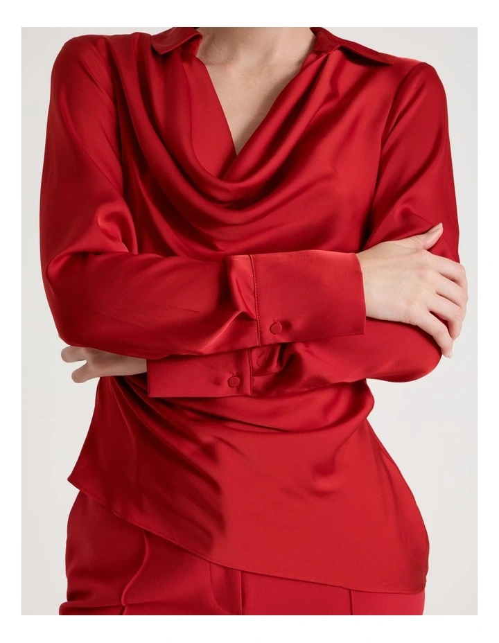 Satin Cowl Collar Blouse in Red image 2