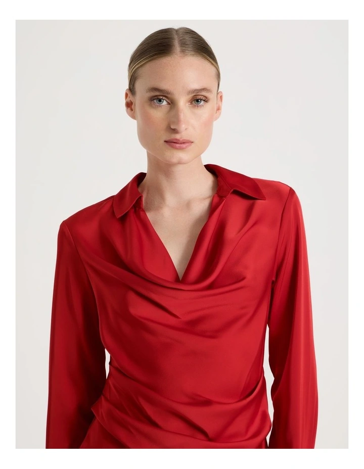 Satin Cowl Collar Blouse in Red image 4