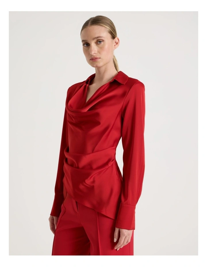 Satin Cowl Collar Blouse in Red image 5