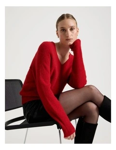 V Neck Knit Jumper in Red
