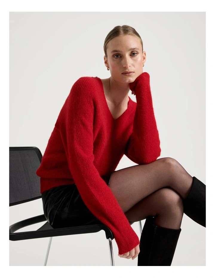 V Neck Knit Jumper in Red image 1