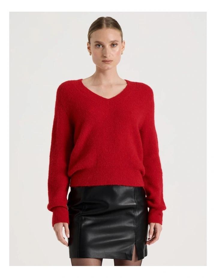 V Neck Knit Jumper in Red image 2