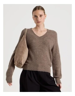 V Neck Knit Jumper in Taupe