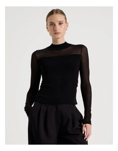 Sheer Detail Long Sleeve Knit Top in Black