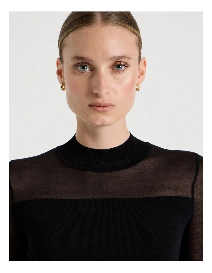 Sheer Detail Long Sleeve Knit Top in Black image 2