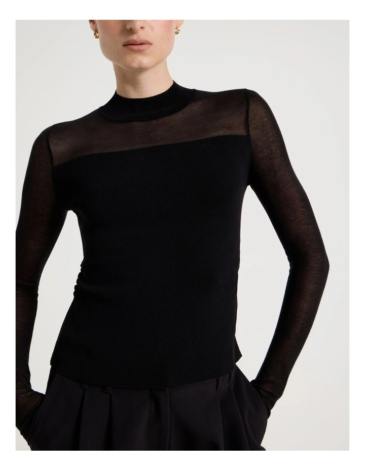Sheer Detail Long Sleeve Knit Top in Black image 4
