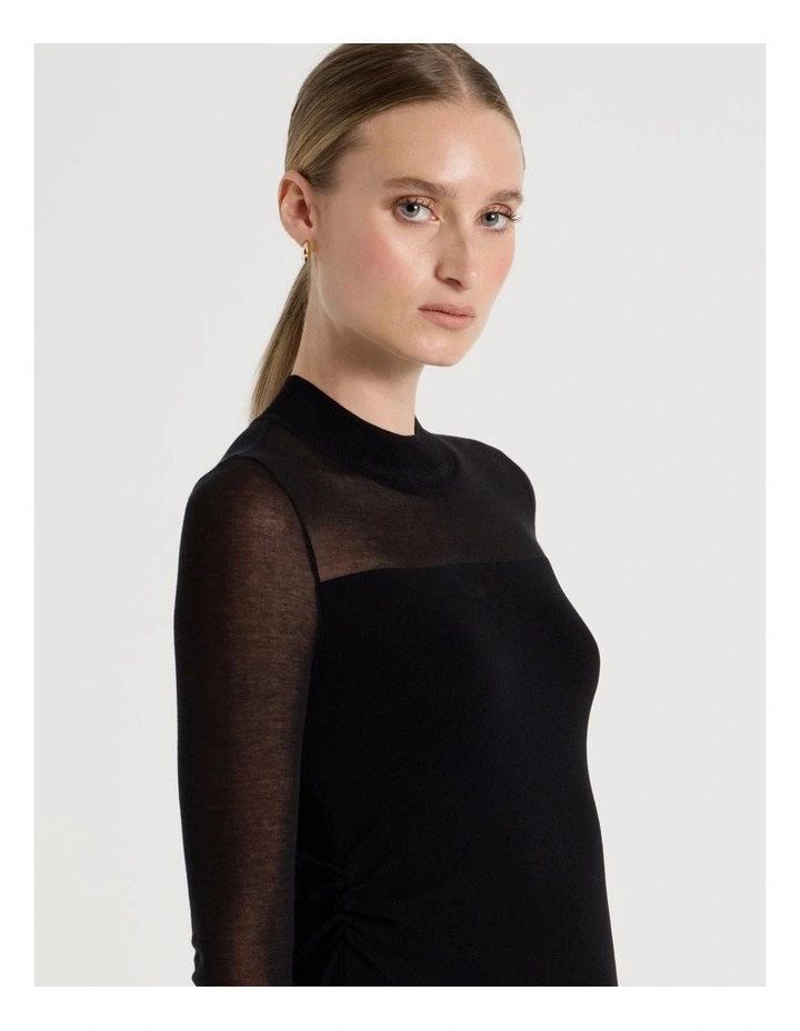 Sheer Detail Long Sleeve Knit Top in Black image 5