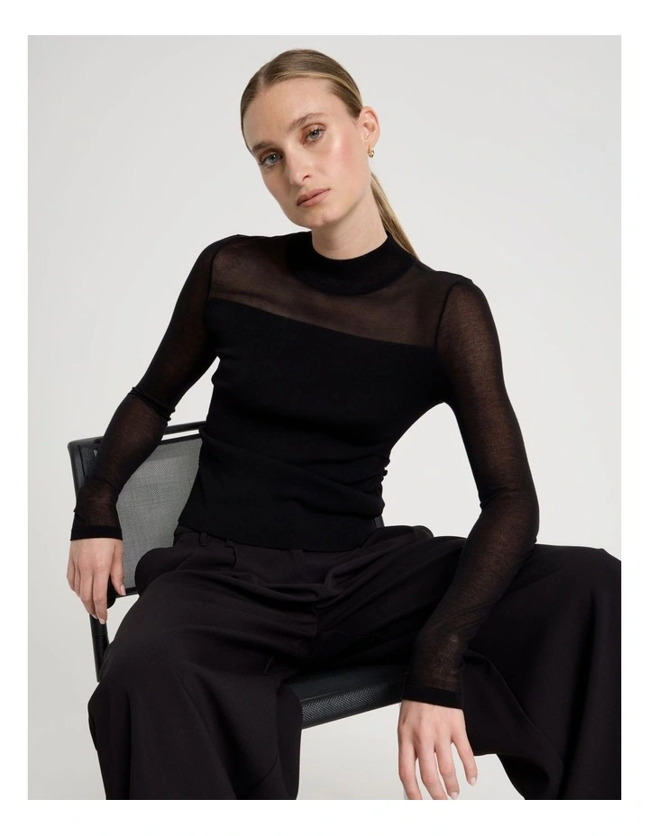 Sheer Detail Long Sleeve Knit Top in Black image 7