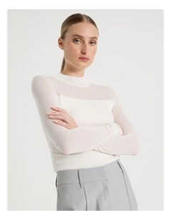 Sheer Detail Long Sleeve Knit Top in Ivory