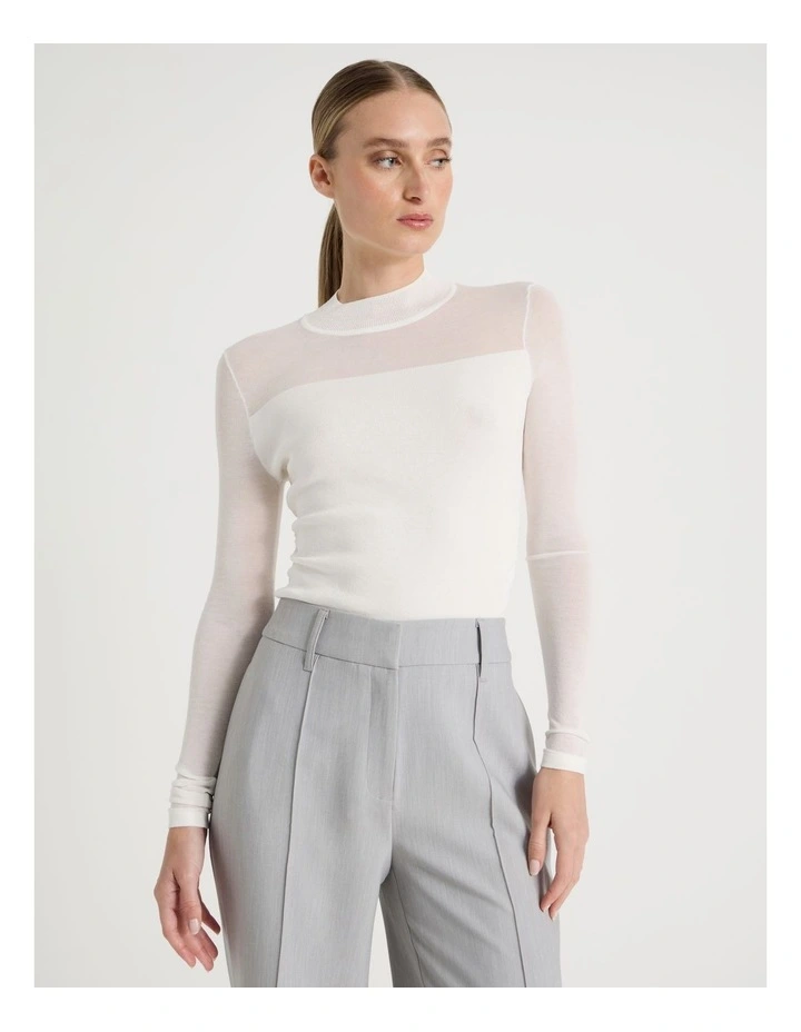 Sheer Detail Long Sleeve Knit Top in Ivory image 3