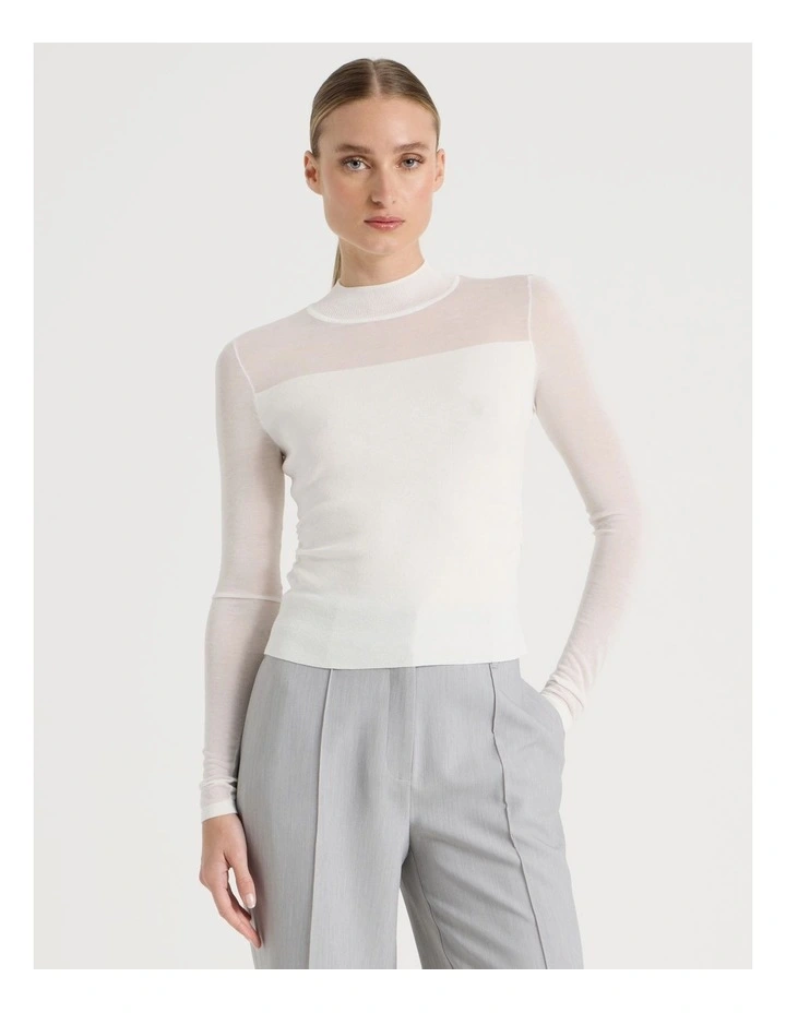 Sheer Detail Long Sleeve Knit Top in Ivory image 5