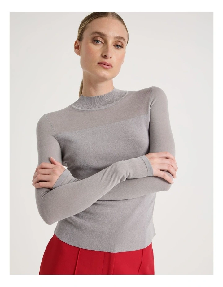 Sheer Detail Long Sleeve Knit Top in Silver Grey image 1