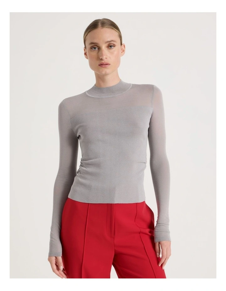 Sheer Detail Long Sleeve Knit Top in Silver Grey image 3