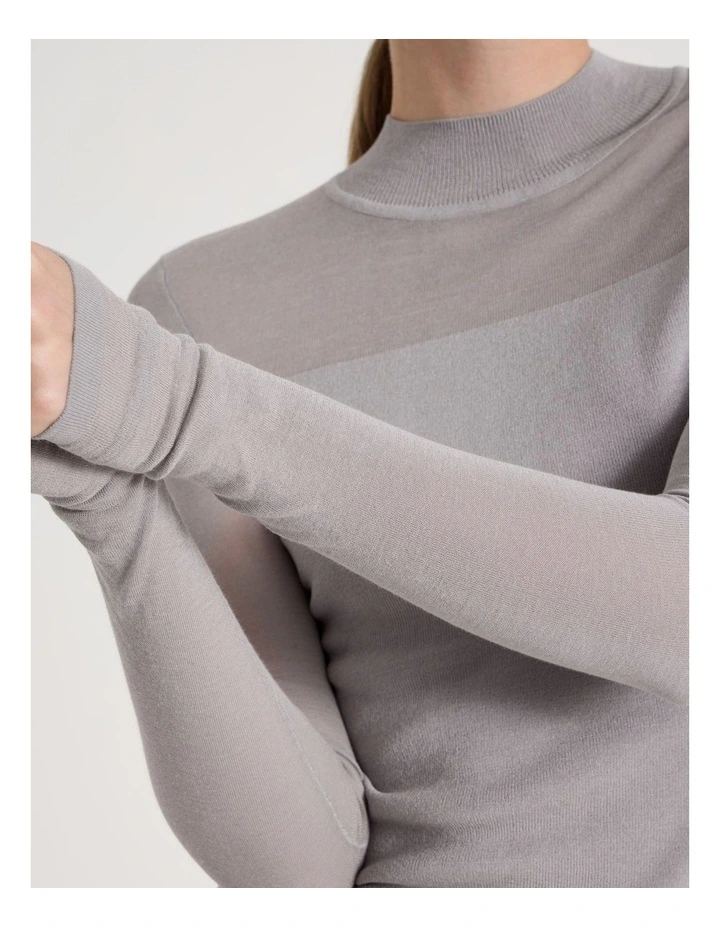 Sheer Detail Long Sleeve Knit Top in Silver Grey image 4