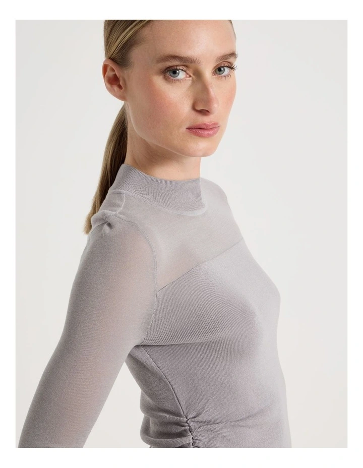 Sheer Detail Long Sleeve Knit Top in Silver Grey image 5
