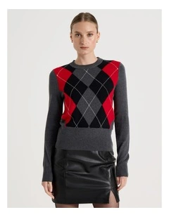 Argyle Check Crew Neck Knit Jumper in Charcoal