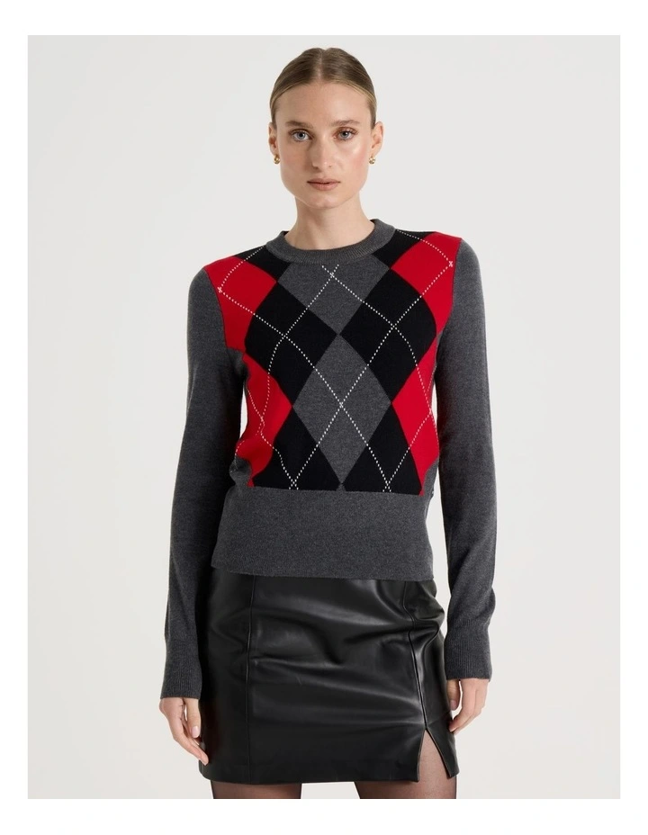 Argyle Check Crew Neck Knit Jumper in Charcoal image 1