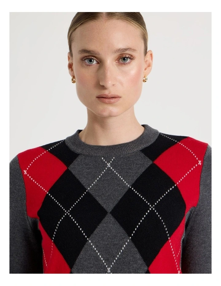 Argyle Check Crew Neck Knit Jumper in Charcoal image 2