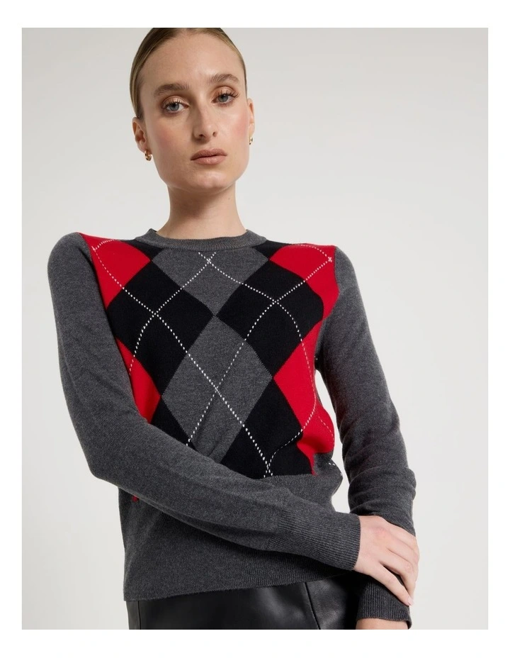 Argyle Check Crew Neck Knit Jumper in Charcoal image 3