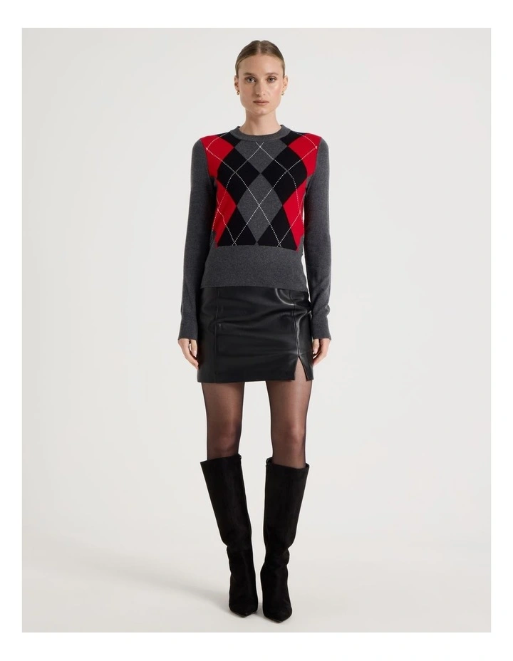 Argyle Check Crew Neck Knit Jumper in Charcoal image 4