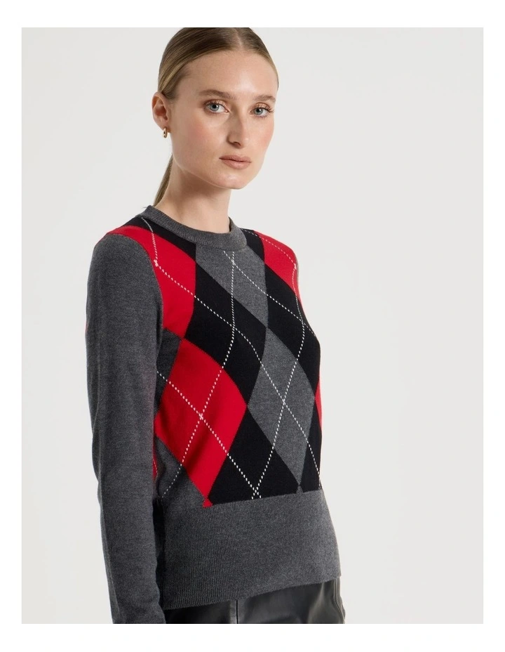 Argyle Check Crew Neck Knit Jumper in Charcoal image 5