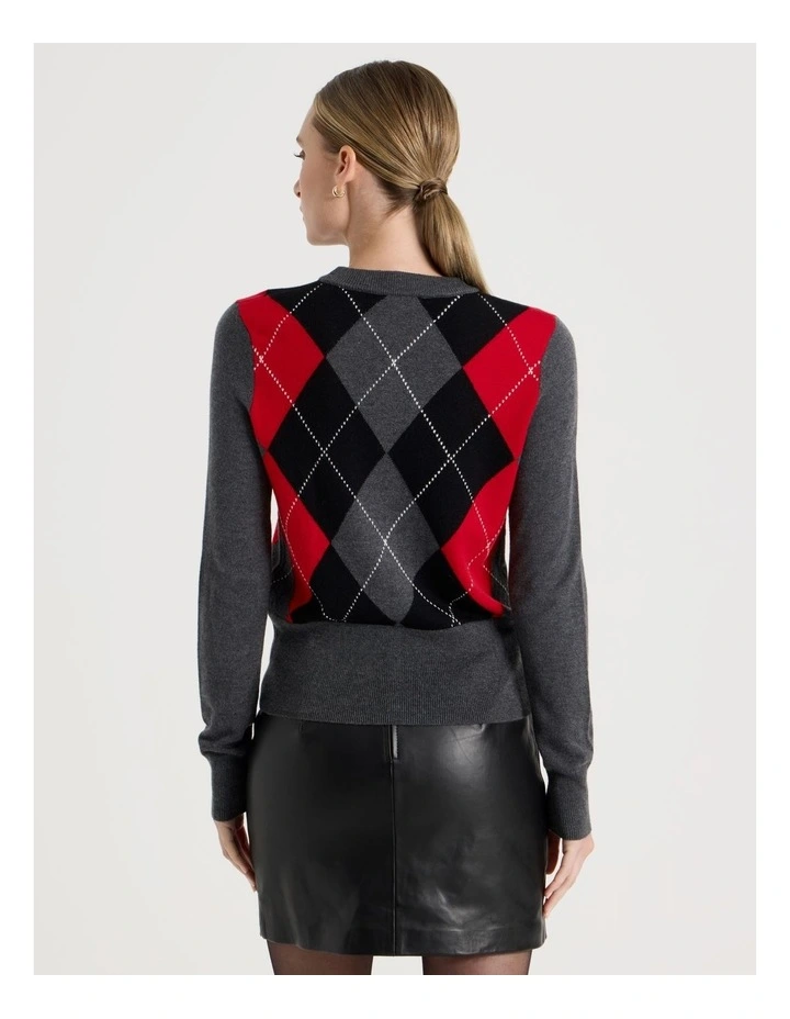 Argyle Check Crew Neck Knit Jumper in Charcoal image 6