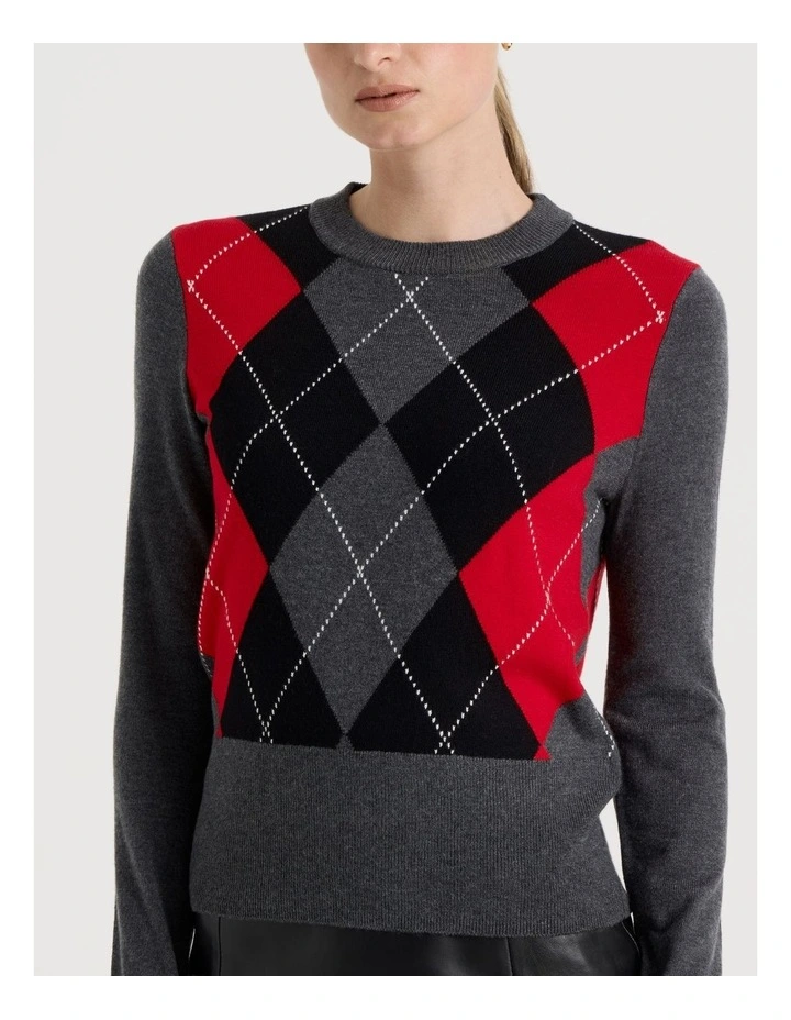 Argyle Check Crew Neck Knit Jumper in Charcoal image 7
