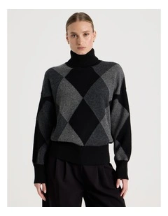 Argyle Check Roll Neck Knit Jumper in Charcoal