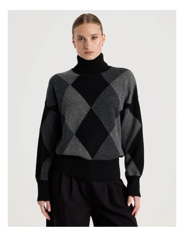 Argyle Check Roll Neck Knit Jumper in Charcoal image 1