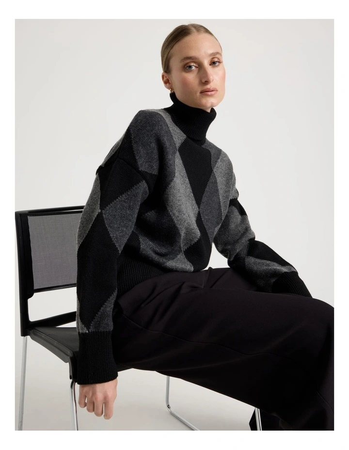 Argyle Check Roll Neck Knit Jumper in Charcoal image 2
