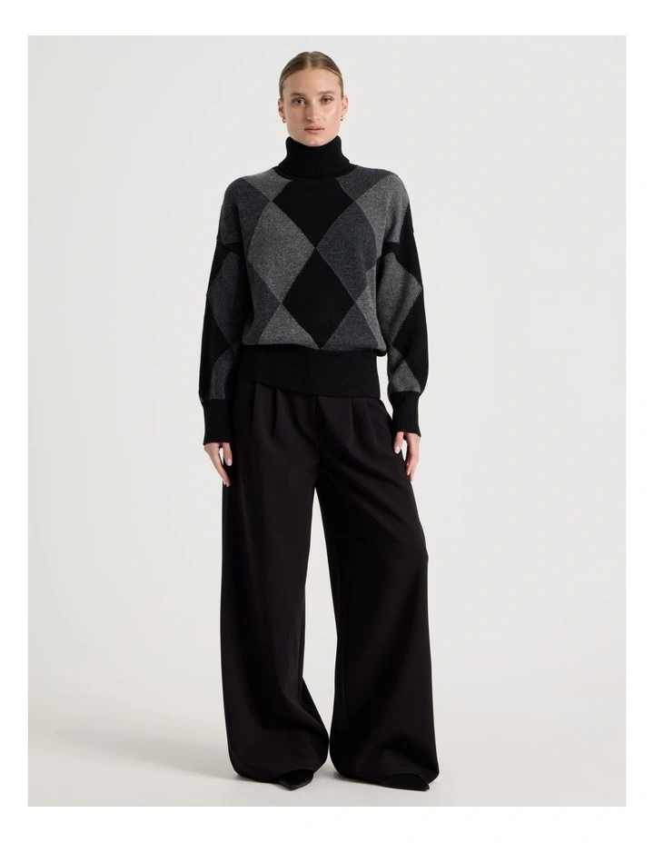 Argyle Check Roll Neck Knit Jumper in Charcoal image 3
