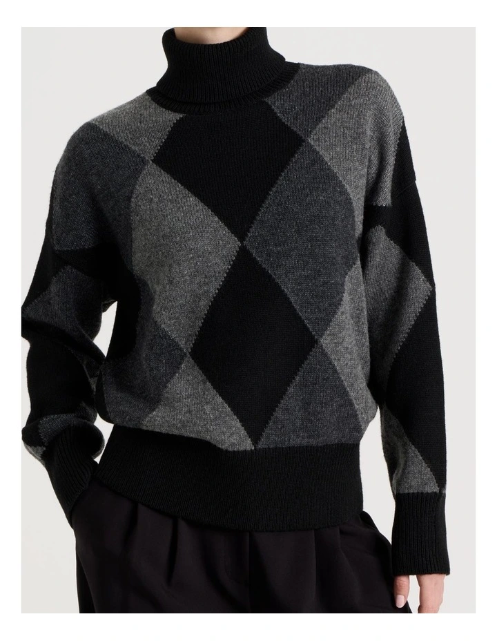 Argyle Check Roll Neck Knit Jumper in Charcoal image 4