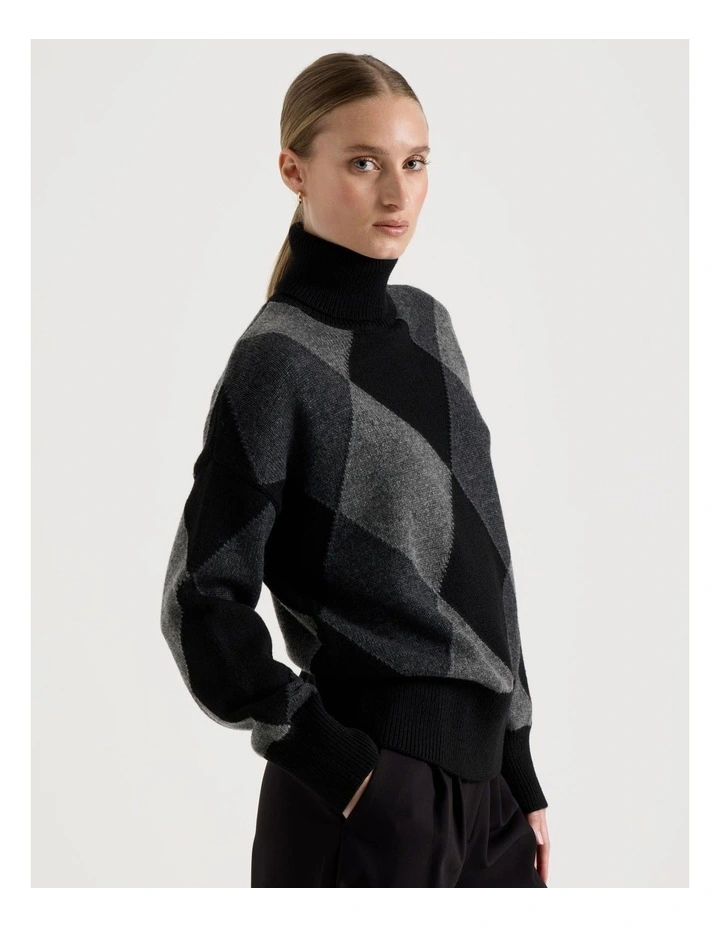 Argyle Check Roll Neck Knit Jumper in Charcoal image 5