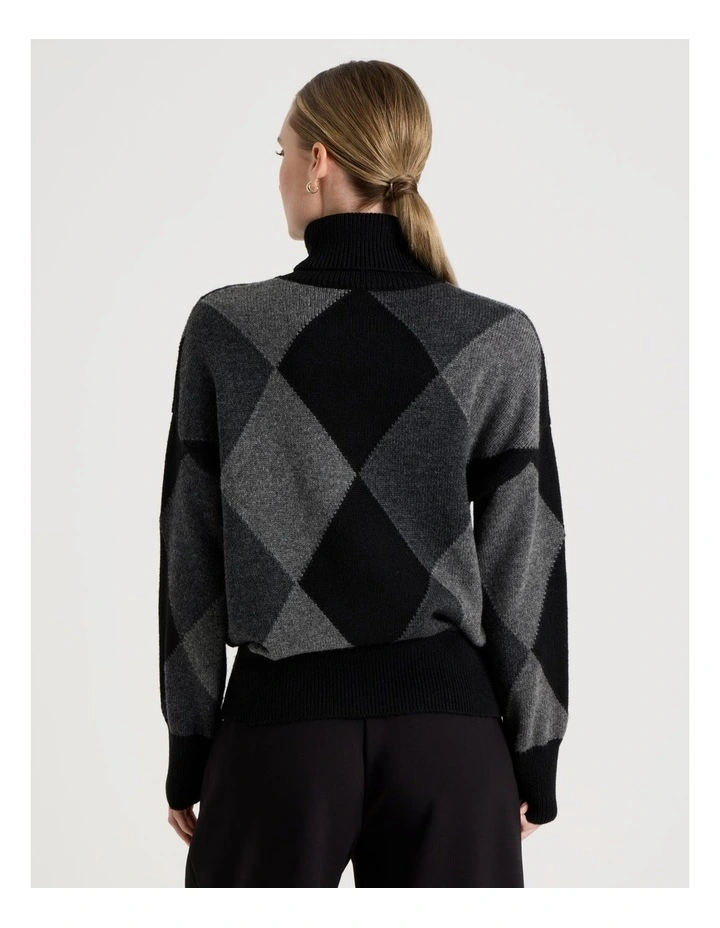 Argyle Check Roll Neck Knit Jumper in Charcoal image 6