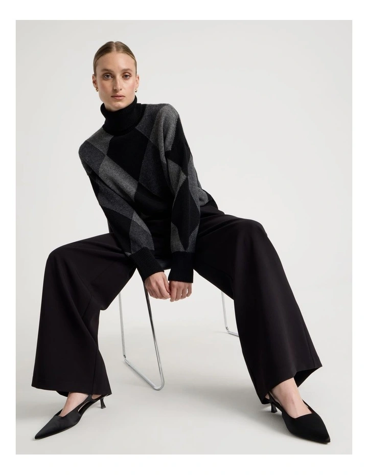 Argyle Check Roll Neck Knit Jumper in Charcoal image 7