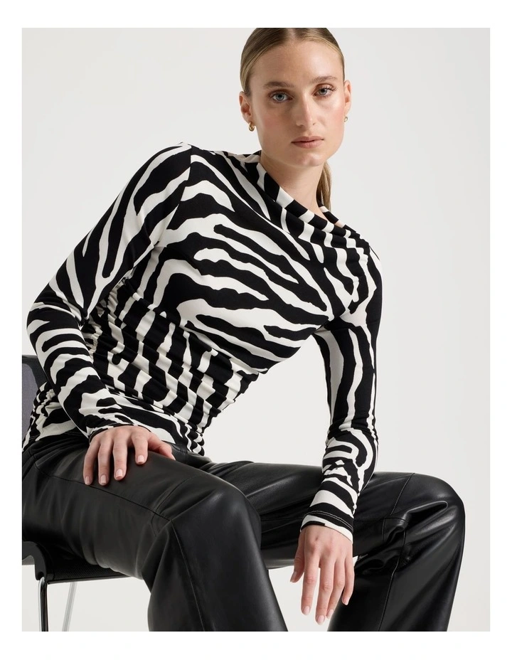 Mesh Slash Neck Long Sleeve Top in Black/White image 1