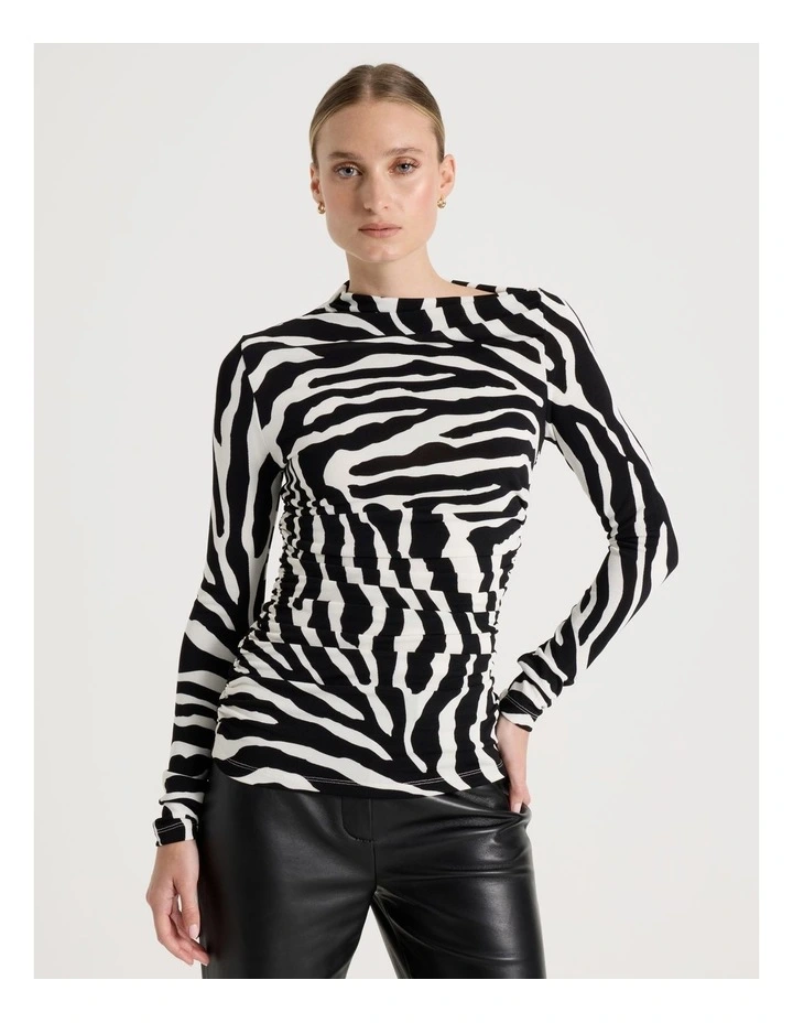 Mesh Slash Neck Long Sleeve Top in Black/White image 2