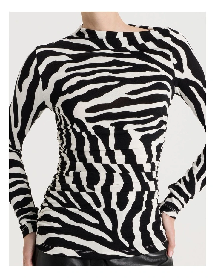 Mesh Slash Neck Long Sleeve Top in Black/White image 4