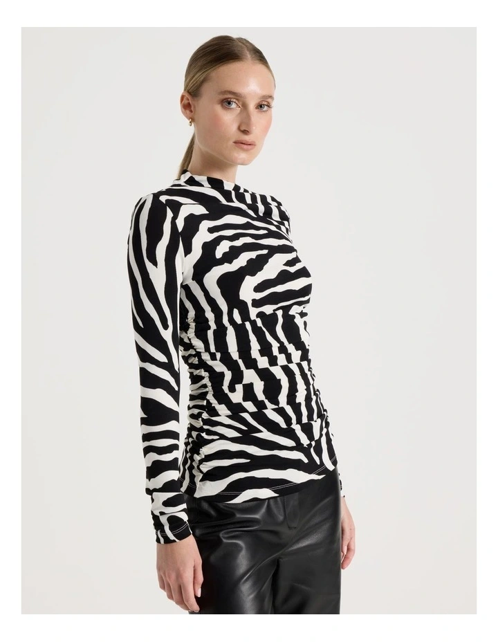 Mesh Slash Neck Long Sleeve Top in Black/White image 5