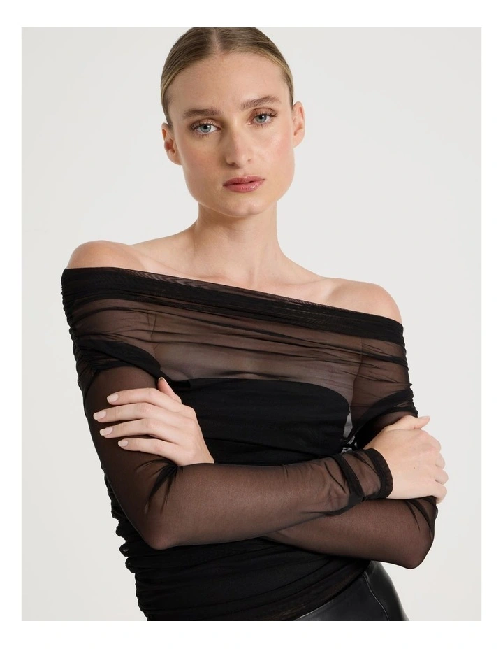 Off Shoulder Long Sleeve Mesh Top in Black image 1