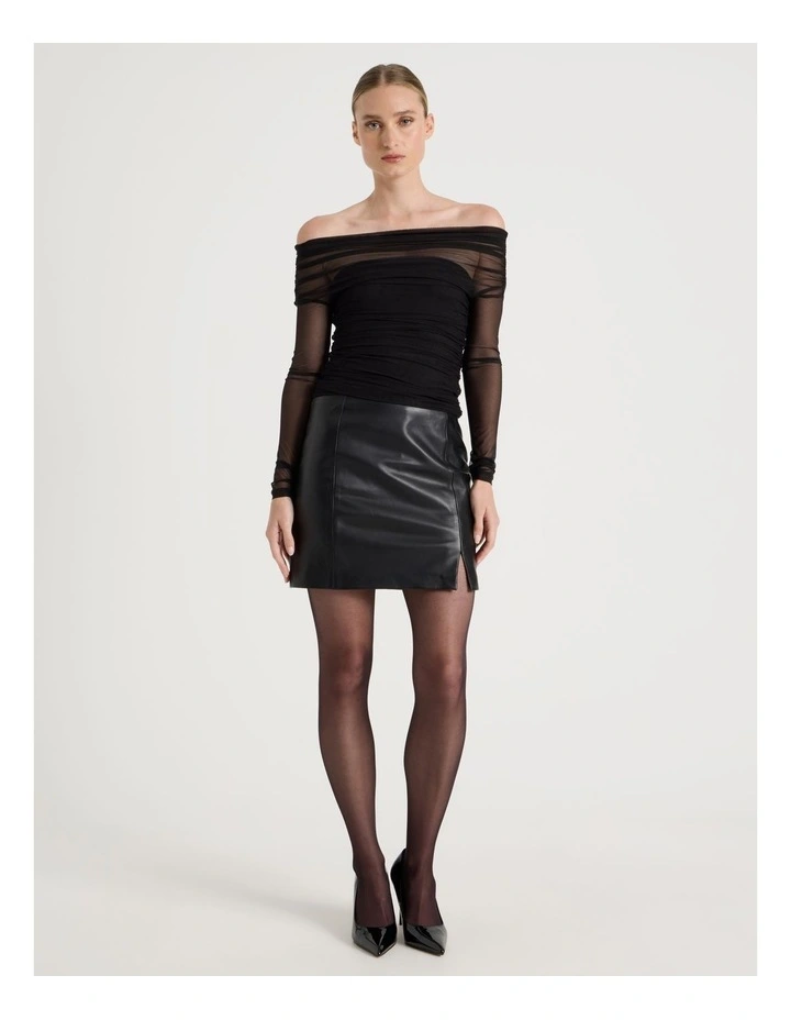 Off Shoulder Long Sleeve Mesh Top in Black image 2