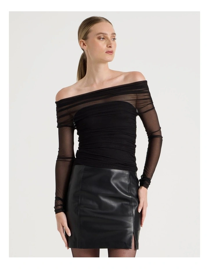 Off Shoulder Long Sleeve Mesh Top in Black image 3
