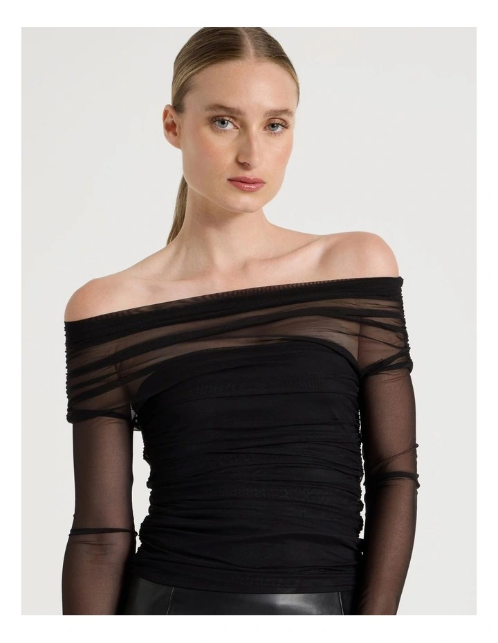 Off Shoulder Long Sleeve Mesh Top in Black image 5