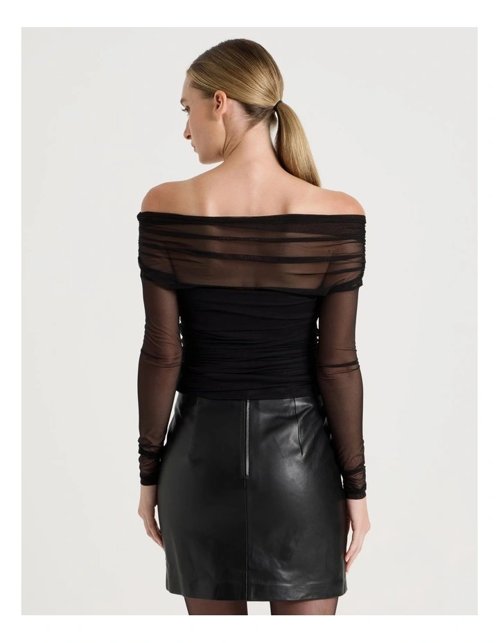 Off Shoulder Long Sleeve Mesh Top in Black image 6