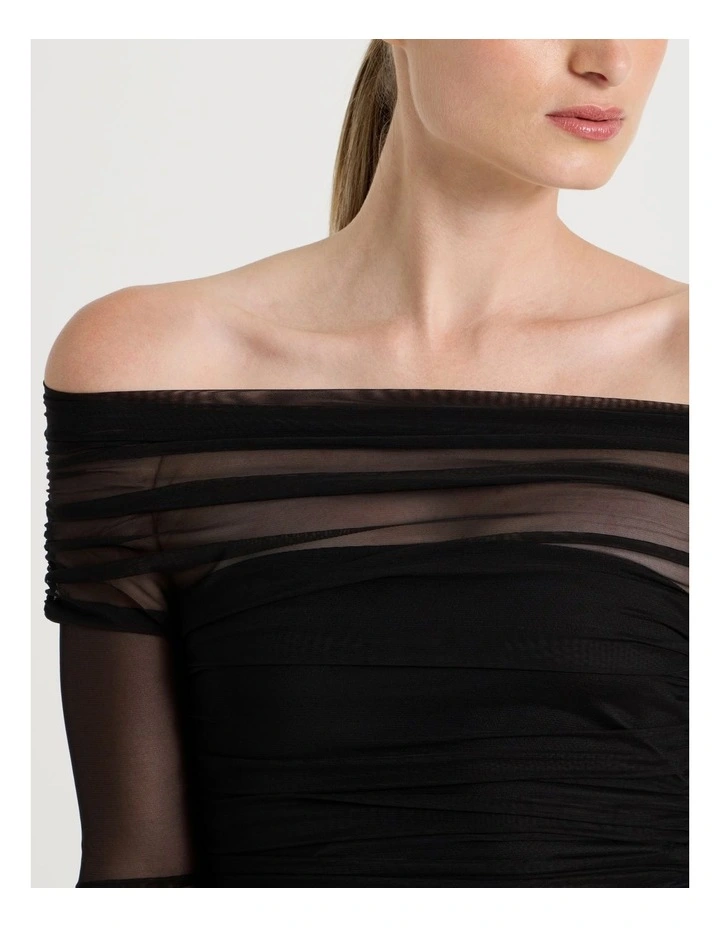 Off Shoulder Long Sleeve Mesh Top in Black image 7